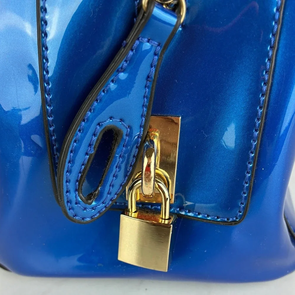 Blue Croc Embossed Patent Satchel Bag - Medium - Y2K Glam Maximalist Handbag